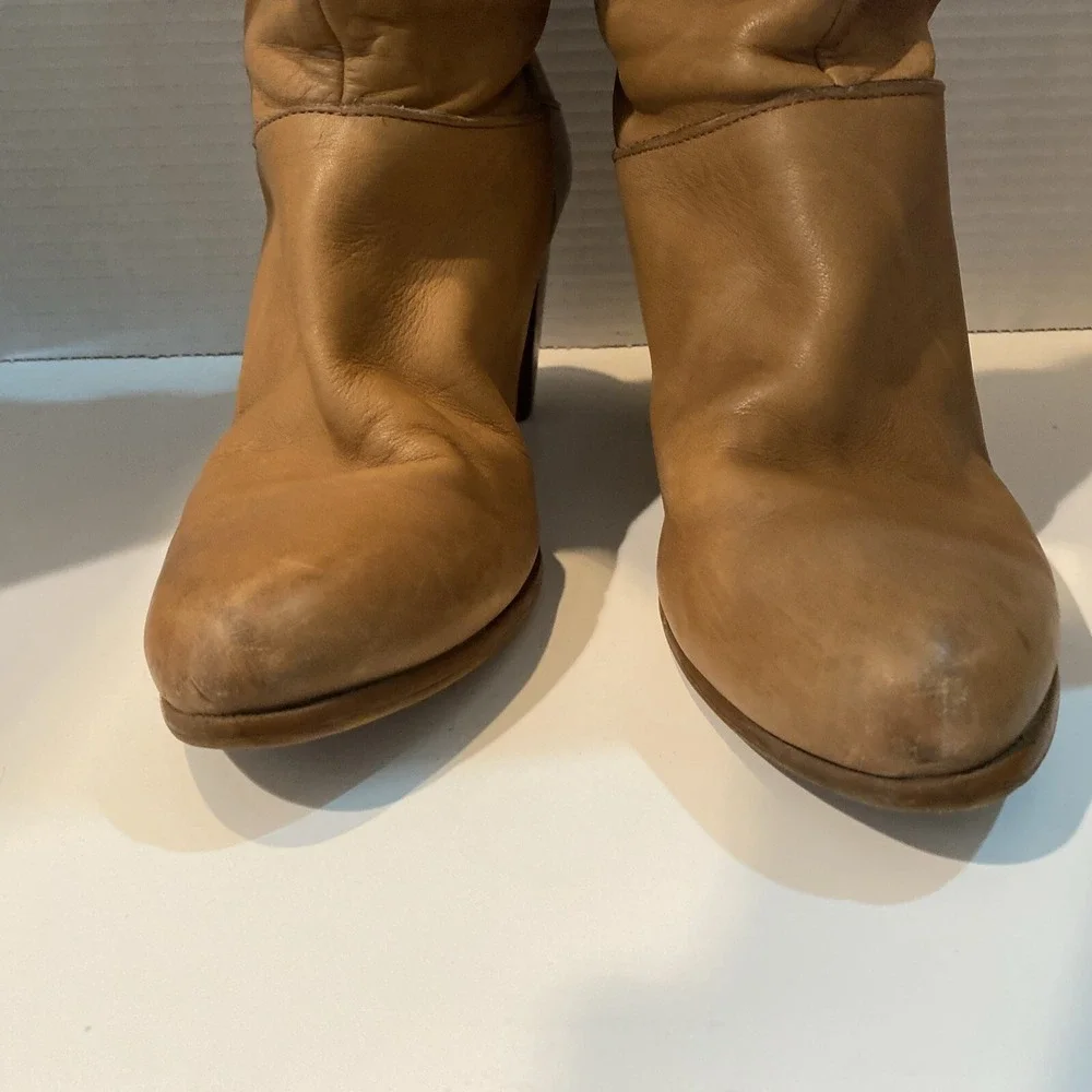VTG Frye Women's Tan Leather Campus Boots Tall Riding Heeled‎ 8.5 Fold Over Cuff